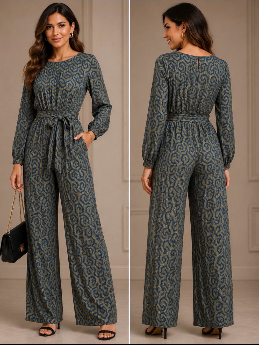 Geometric Blue and Green Long Sleeve jumpsuit